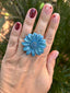 Bague Vintage en cuir marguerite fleur bleu turquoise taille réglable