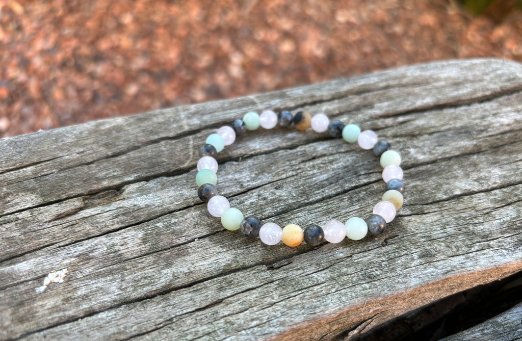 Bracelet lithotherapie en Amazonite, labradorite et Quartz  Rose