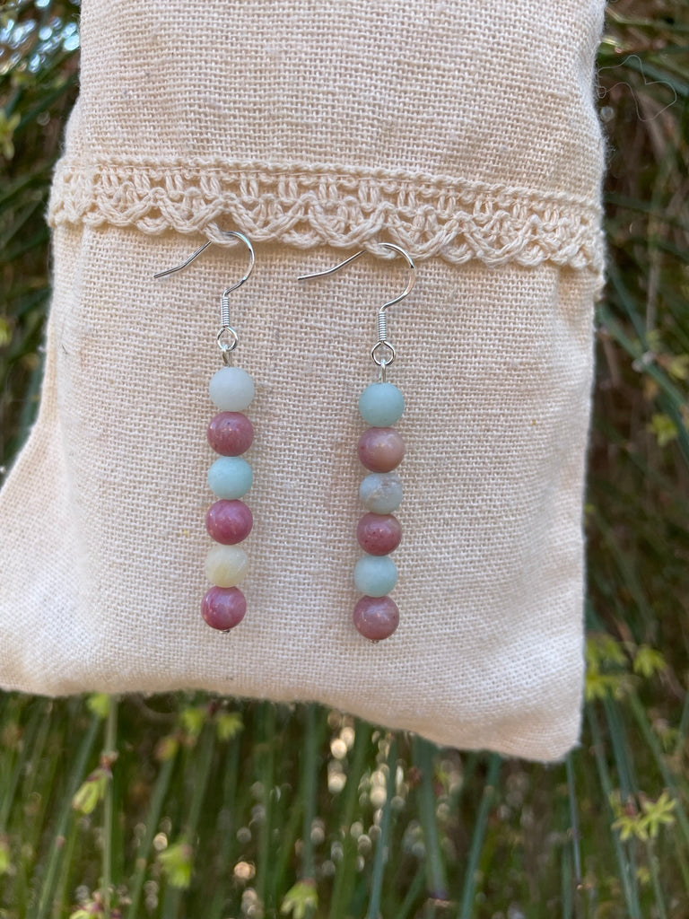 Boucles d'oreilles pendantes en Amazonite et Rhodochrosite