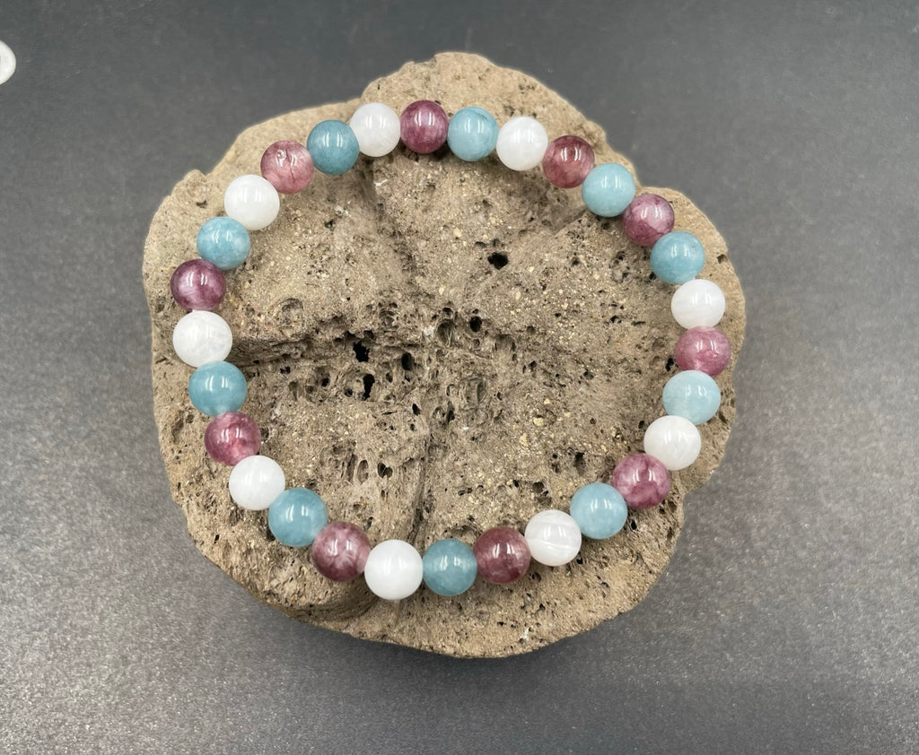 Bracelet spécial équilibre émotionnel Calcédoine, Lépidolite et Pierre de Lune