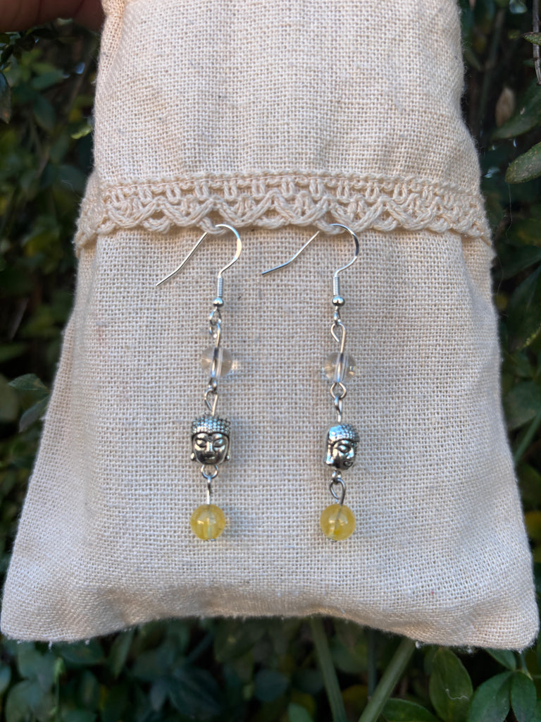 Boucles d'oreilles Bouddha en Citrine et Cristal de Roche - Crochets en argent 925