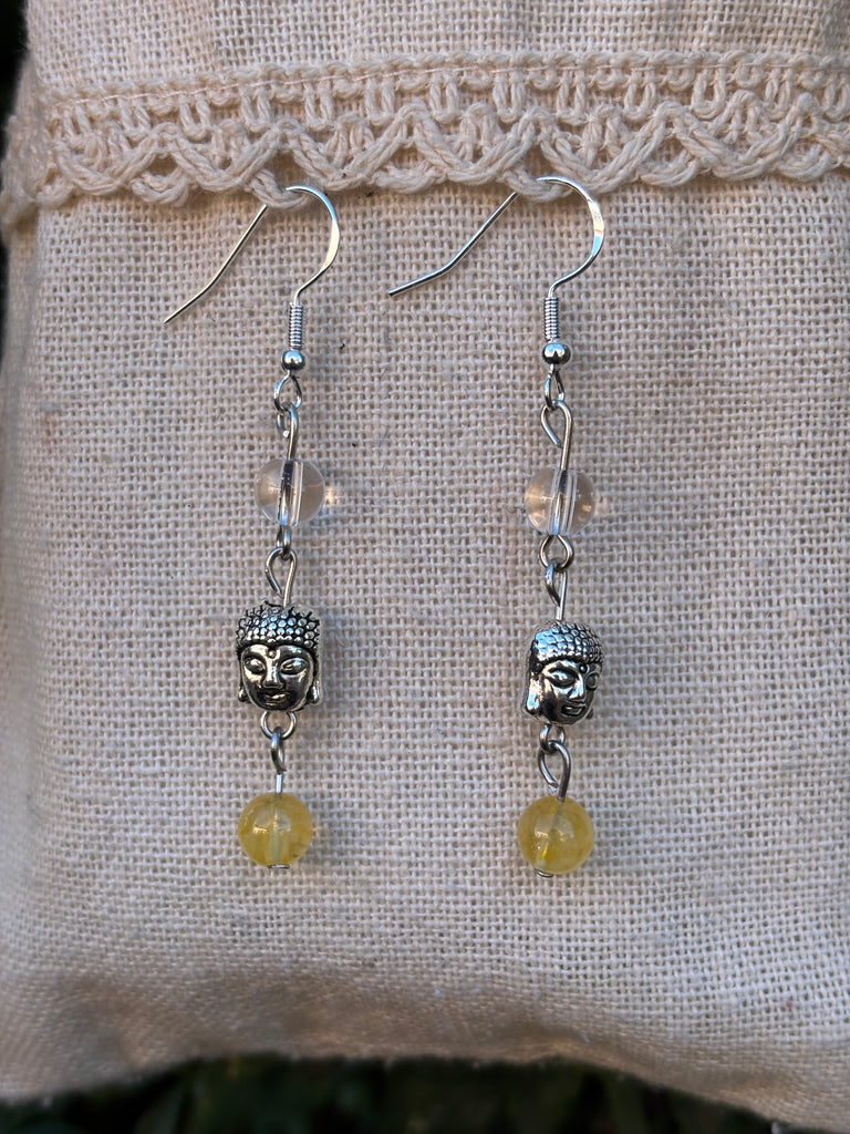 Boucles d'oreilles Bouddha en Citrine et Cristal de Roche - Crochets en argent 925