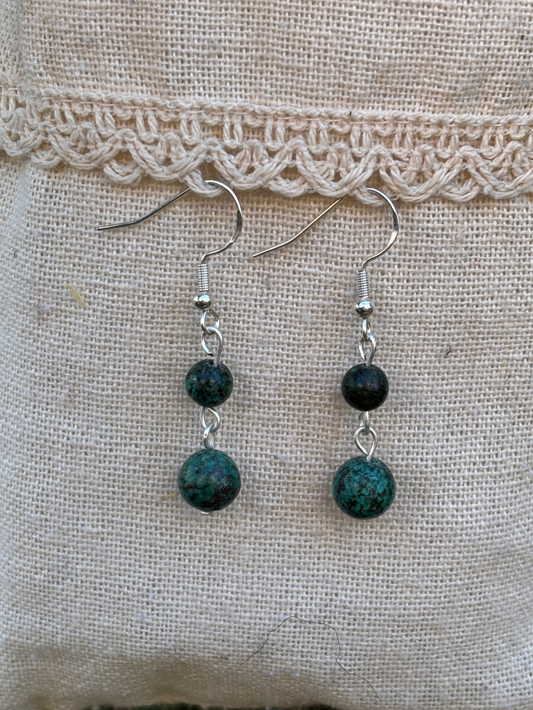 Boucles d'oreilles pendantes à 2 boules en Turquoise Africaine, Made in France