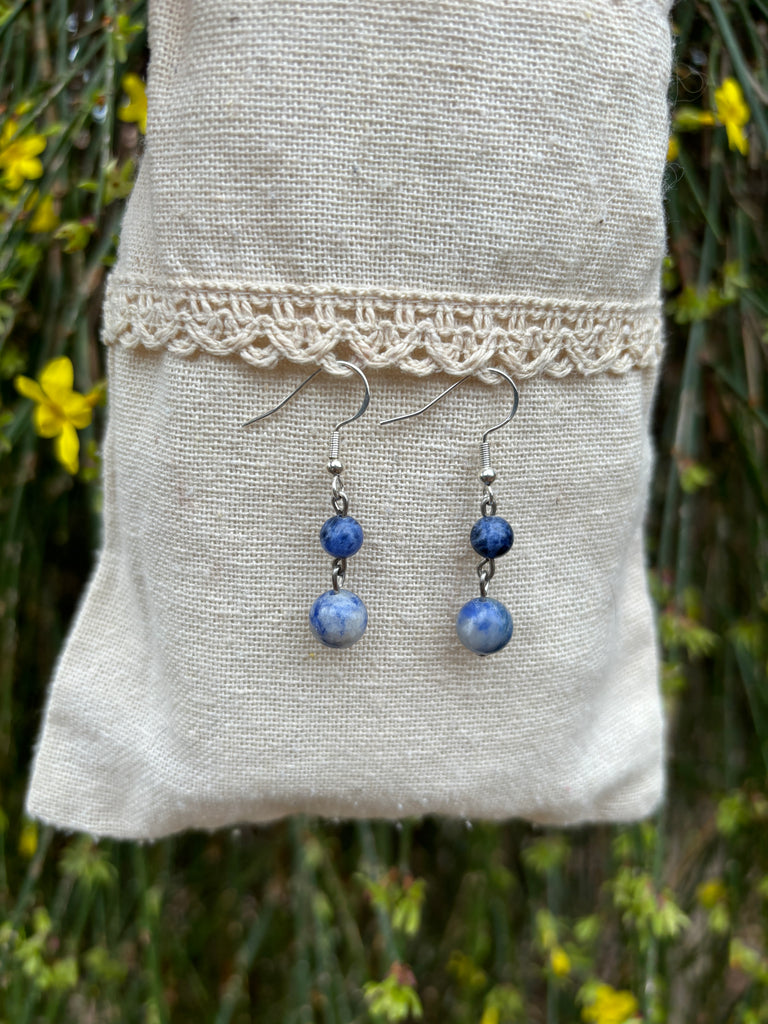 Boucles d'oreilles pendantes à 2 boules en Sodalite naturelle, Made in France