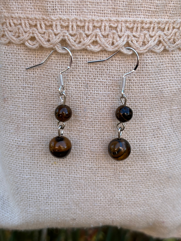 Boucles d'oreilles pendantes à 2 boules en Œil de Tigre naturel, Made in France