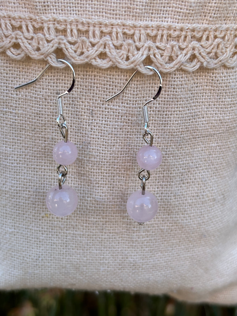 Boucles d'oreilles pendantes à 2 boules en Quartz Rose naturel, Made in France