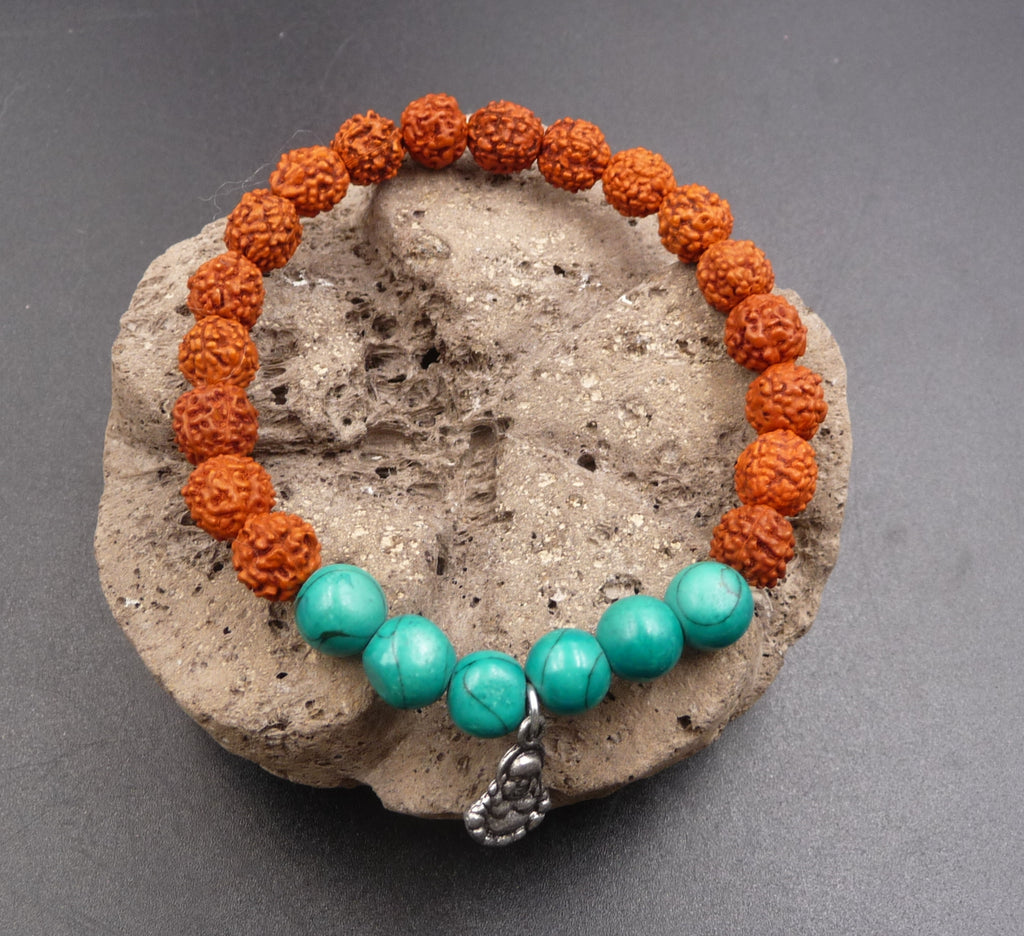 Véritable bracelet Mâlâ graines de Rudraksha et turquoise Africaine avec breloque Bouddha rieur