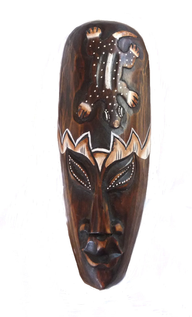 Masque ethnique Africain en bois exotique sculpté motif gecko salamandre