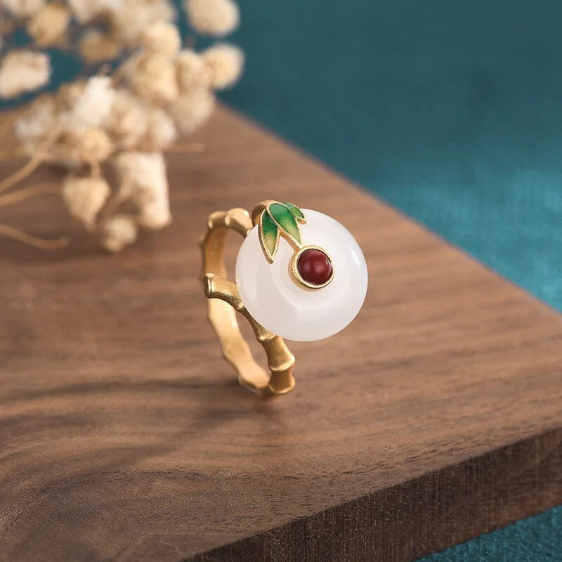 Bague Bouddhiste Tibétaine en jade monture bambou