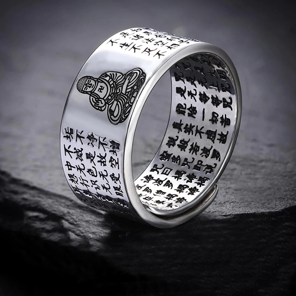 Bague Bouddha et Sutra du Coeur 6 Mantras en argent 999