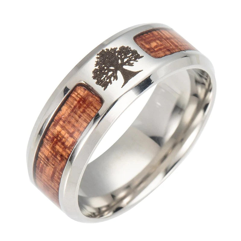 Bague Arbre de Vie en acier et bois : Un symbole de puissance