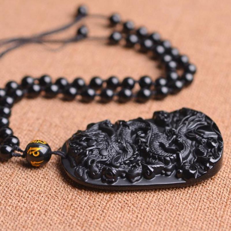 Collier avec pendentif Dragon en Obsidienne Noire