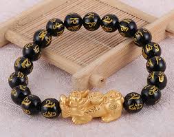 Bracelet Feng Shui Pixiu en Obsidienne Noire avec Mantra Om