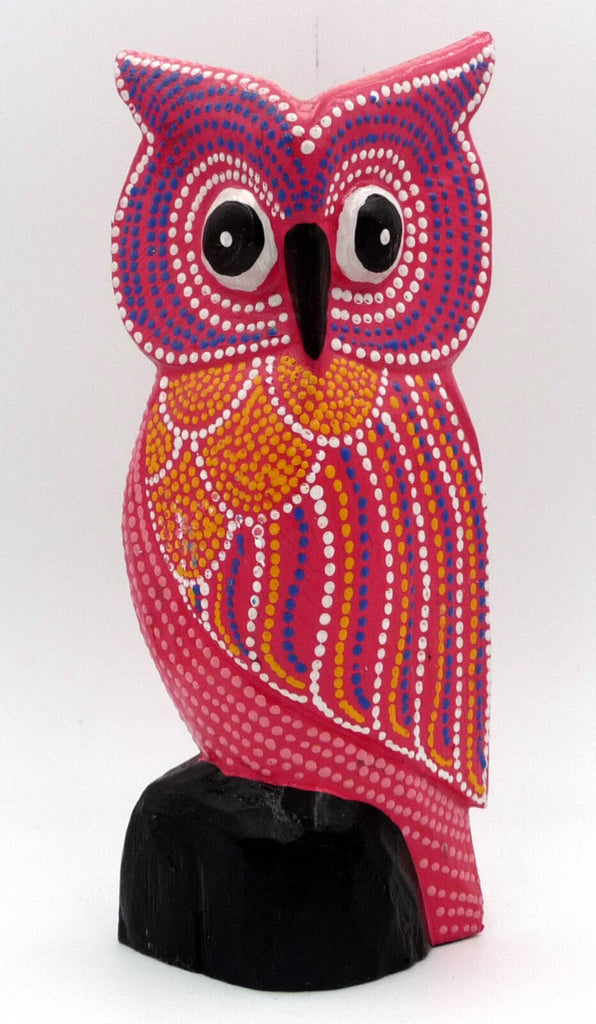 Chouette hibou rose en bois peint 17,5 cm artisanat Bali