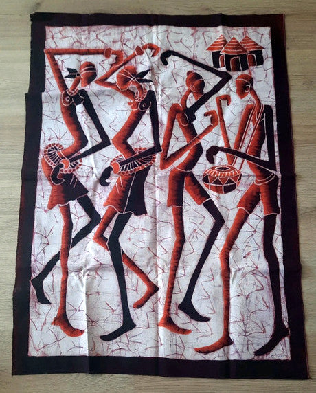 Batik africain du Burkina Faso, toile noire épaisse - Femmes jouant de la musique