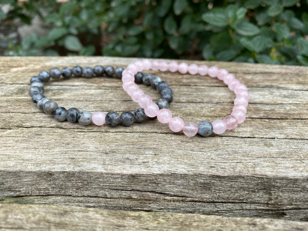 Bracelets élastiques de distance, de couple en Labradorite et Quartz Rose 6 mm