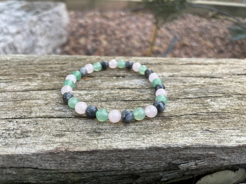 Bracelet élastique de Lithothérapie "Triple Protection" Labradorite, Aventurine  et Quartz Rose