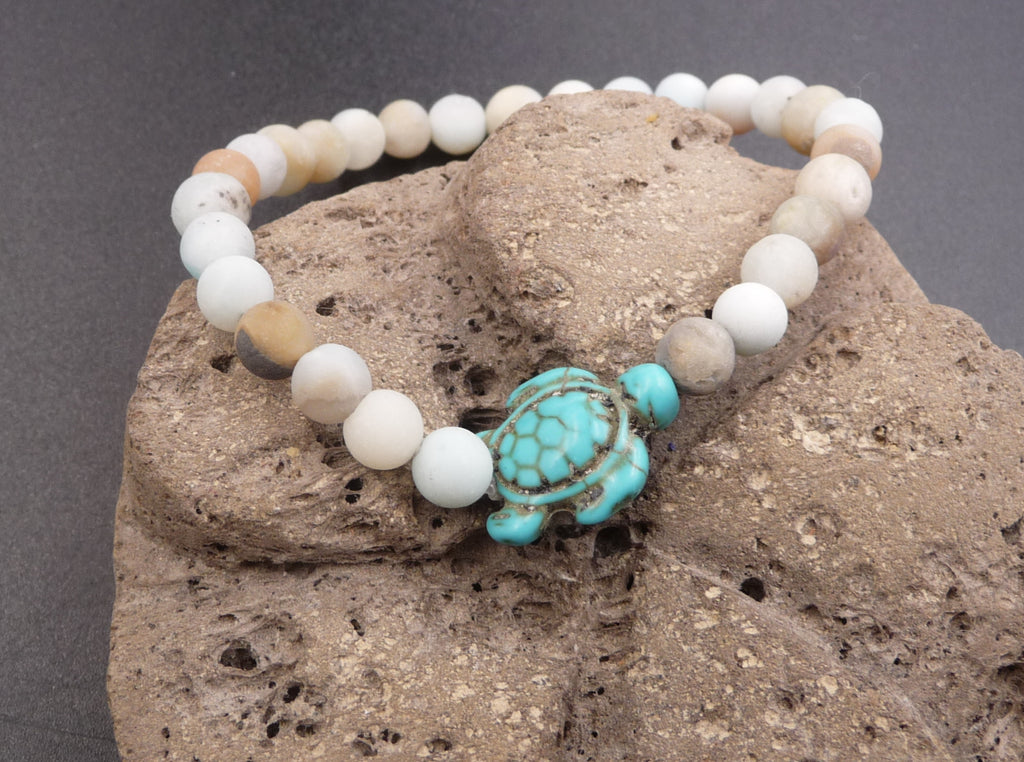 Bracelet en pierre véritable Amazonite du Brésil 6 mm+ tortue Amérindienne en Howlite Turquoise