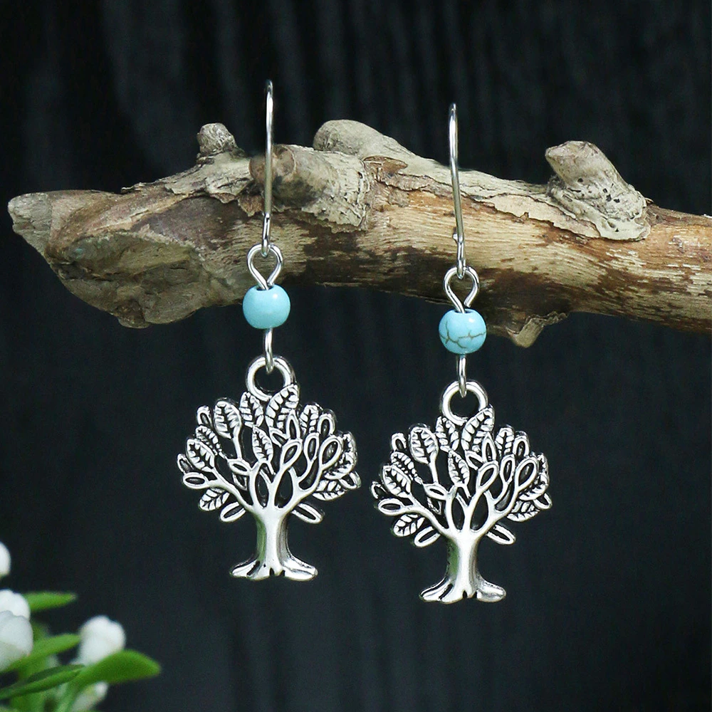 Boucles d'oreilles arbre de vie "Châlâ" en argent Tibétain et Howlite Turquoise