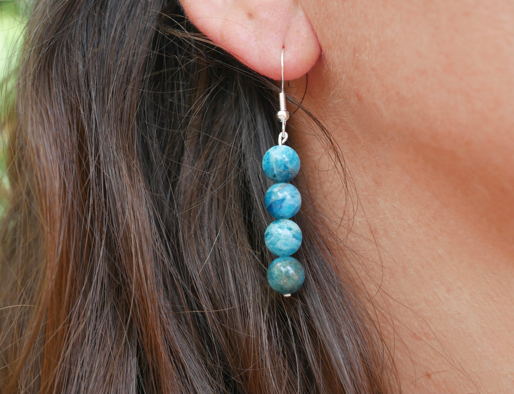 Boucles d'oreilles pendantes 4 boules en Apatite naturelle