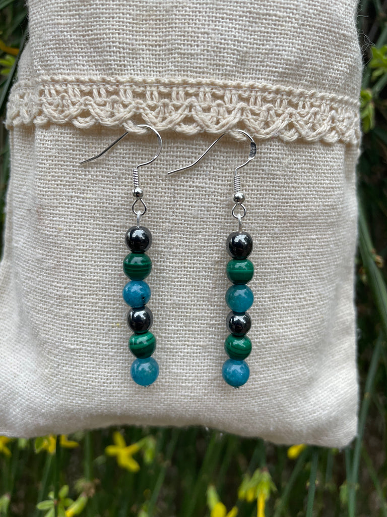 Boucles d'oreilles pendantes "Triple Protection" Malachite, Apatite et Hématite