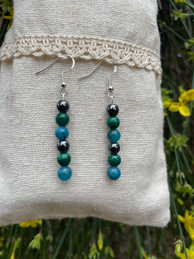 Boucles d'oreilles pendantes "Triple Protection" Malachite, Apatite et Hématite